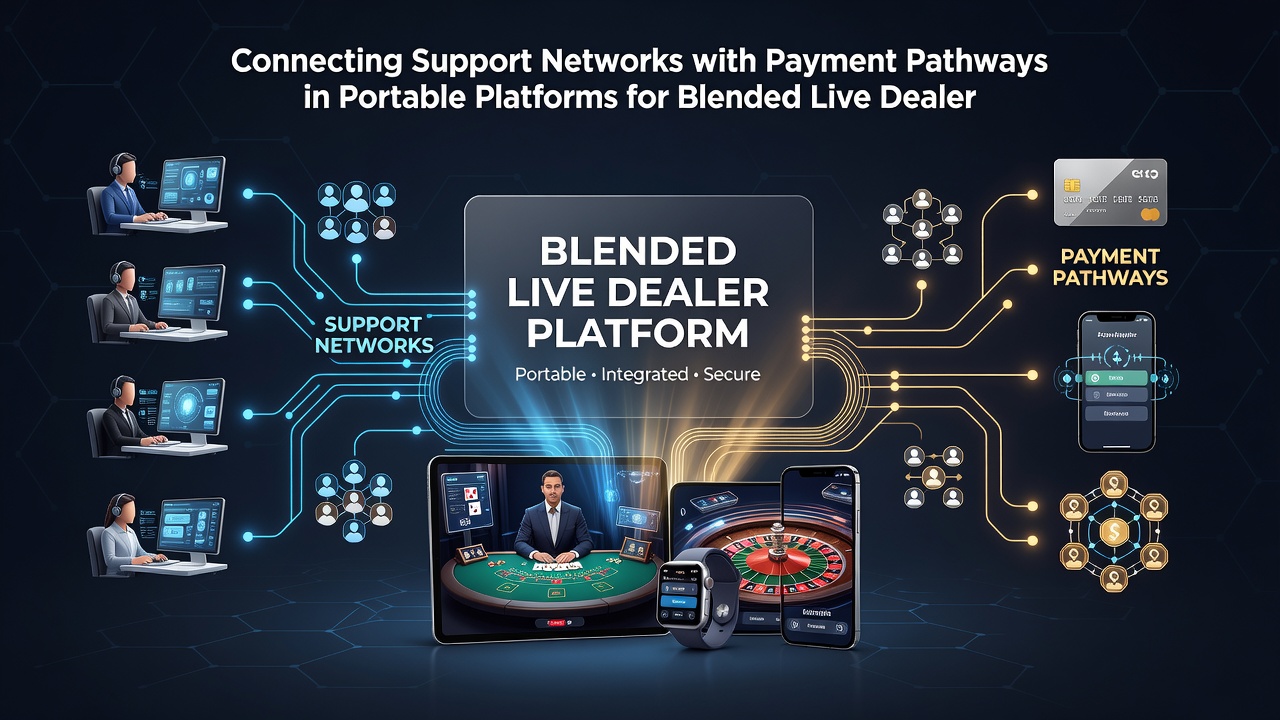 Darstellung einer hybriden mobilen Sitzung mit verknüpften Support- und Zahlungsfunktionen für Live-Dealer sowie Sportwetten